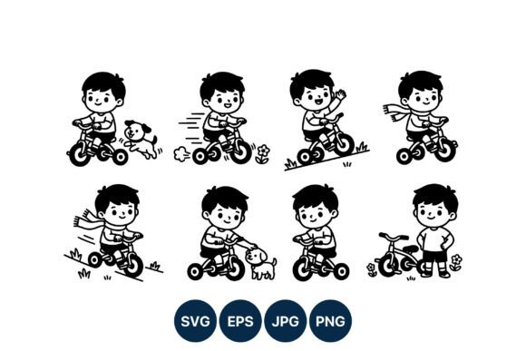 Boy Riding Tricycle with Dog Black and