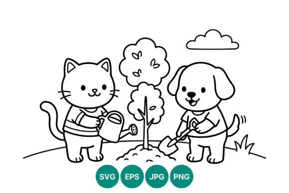 Cat and Dog Planting Tree Vector Review