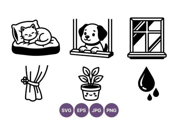 Cute Cat Dog Window and Plant Icons
