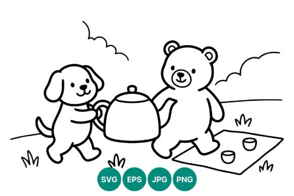 Dog and Bear Picnic Vector Line Art Review