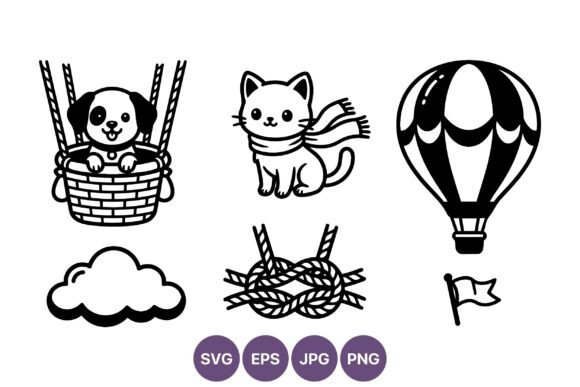 Dog Balloon Cat Scarf Cloud Line Art