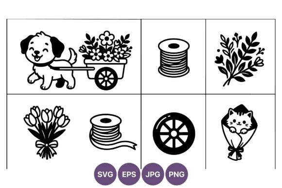 Dog Flower Cart Line Art Vector Review