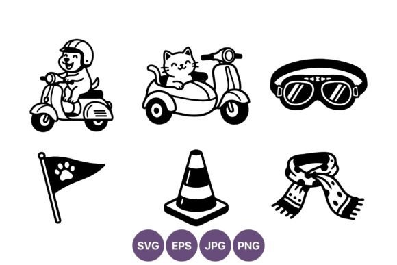 Dog Scooter Cat Sidecar Line Art Icons