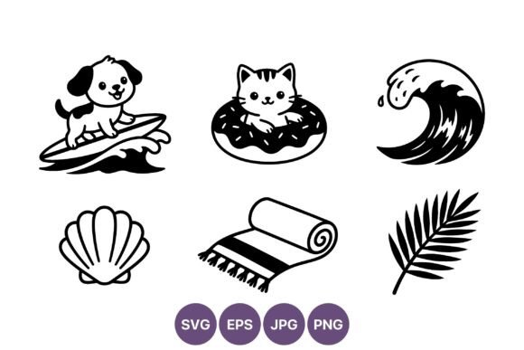 Dog Surfing Cat Donut Beach Icons