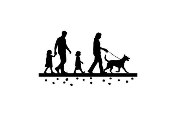 Family Walking Dog Flat Design Vector
