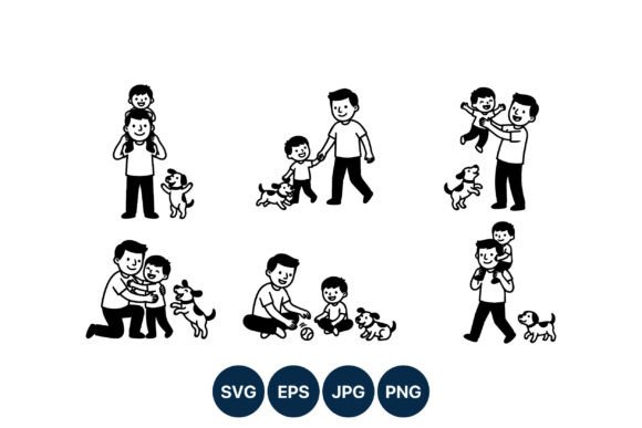 Father Playing with Son and Dog Vector